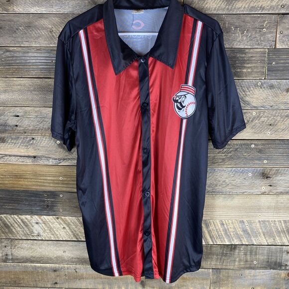 Encore Technologies Cincinnati Reds Men’s Sz XL Black/Red Button Down Promo Top - Picture 1 of 8